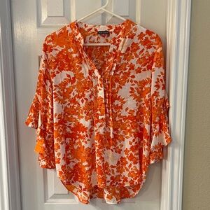Vince Camuto White & Orange Floral Split-Neck Blouse